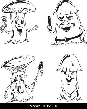 Pilz-Cartoons. Satz von schwarzen und weißen Vektor-Illustrationen. Stock Vektor