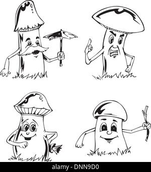 Pilz-Cartoons. Satz von schwarzen und weißen Vektor-Illustrationen. Stock Vektor