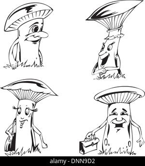 Pilz-Cartoons. Satz von schwarzen und weißen Vektor-Illustrationen. Stock Vektor