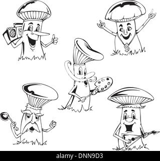 Pilz-Cartoons. Satz von schwarzen und weißen Vektor-Illustrationen. Stock Vektor