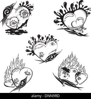 Stilisierte Tattoos mit Herzen. Satz von schwarzen und weißen Vektor-Illustrationen. Stock Vektor