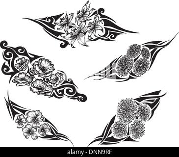 Tribal Blumen-Tattoos. Satz von schwarzen und weißen Vektor-Illustrationen. Stock Vektor