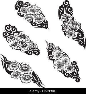 Tribal Blumen-Tattoos. Satz von schwarzen und weißen Vektor-Illustrationen. Stock Vektor