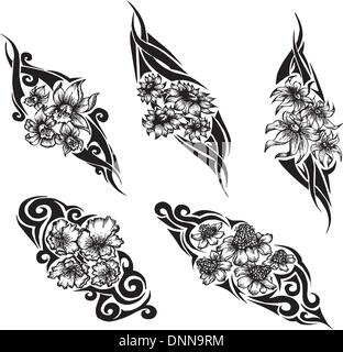 Tribal Blumen-Tattoos. Satz von schwarzen und weißen Vektor-Illustrationen. Stock Vektor