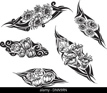 Tribal Blumen-Tattoos. Satz von schwarzen und weißen Vektor-Illustrationen. Stock Vektor