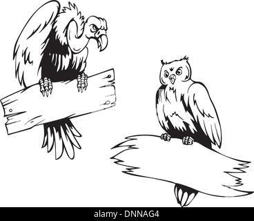 Geier und Eule mit Brettern. Satz von schwarzen und weißen Vektor-Illustrationen. Stock Vektor
