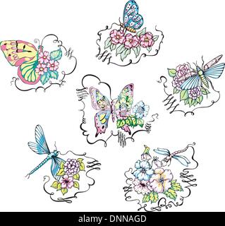 Schmetterlinge und Libellen auf Blumen. Satz von Farbe-Vektor-Illustrationen. Stock Vektor