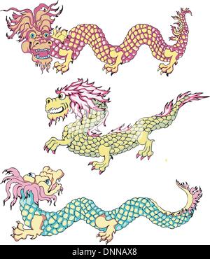 Lustigen chinesischen Drachen. Satz von Farbe-Vektor-Illustrationen. Stock Vektor
