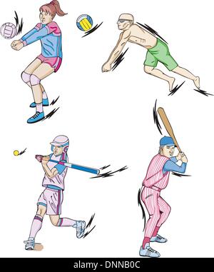 Teamsport: Volleyball (innen- und Strand) und Baseball. Satz von Farbe-Vektor-Illustrationen. Stock Vektor