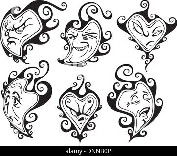 Herzförmige Gesichter. Satz von schwarzen und weißen Vektor-Illustrationen im Cartoon-Stil. Stock Vektor