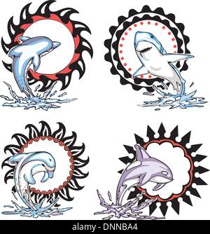 Totems - Meerestiere mit solar Zeichen. Satz von Vektor-Illustrationen. Stock Vektor