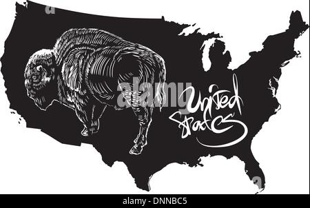 American Buffalo und USA Umriß. Schwarz / Weiß-Vektor-Illustration. Bison Bison. Stock Vektor