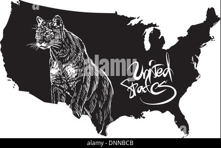 Cougar und USA Umriß. Schwarz / Weiß-Vektor-Illustration. Puma Concolor. Stock Vektor