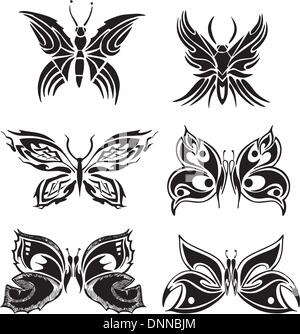 Symmetrische Schmetterling-Tattoos. Satz von schwarzen und weißen Vektor-Illustrationen. Stock Vektor