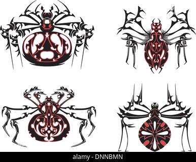 Schwarze und rote Spinne der symmetrischen Tätowierungen. Vektor-Illustration-EPS8 Stock Vektor