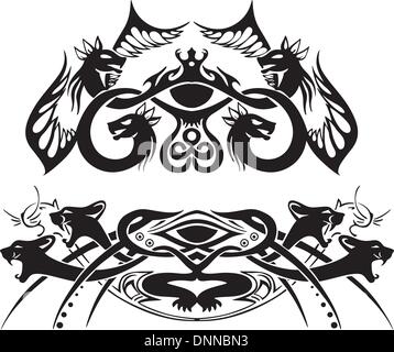 Stilisierte symmetrische Vignetten mit Drachen und Katzen. Vektor-Illustration EPS8 Stock Vektor