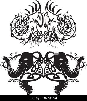 Stilisierte symmetrische Vignetten mit Elefanten. Vektor-Illustration EPS8 Stock Vektor
