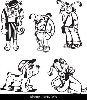 Satz von Hund Karikaturen. Schwarz / Weiß-Vektor-Illustration. Stock Vektor