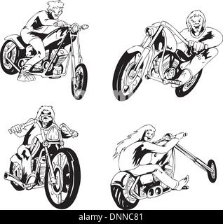 Vector set Biker auf Motorrädern. Schwarz-Weiß-Skizzen. Stock Vektor