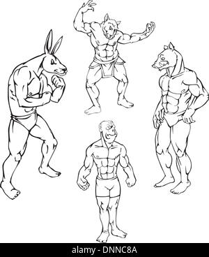 Tierische Maskottchen - Kaninchen, Affen, Wildschweine. Vektor-Set. Zeichen mit menschlichen Körper und Tierkopf. Stock Vektor