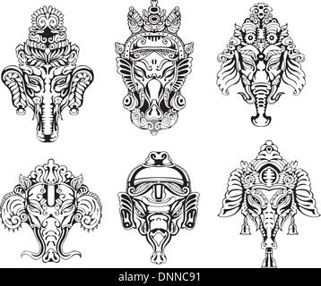 Symmetrische Ganesha Masken. Satz von schwarzen und weißen Vektor-Illustrationen. Stock Vektor