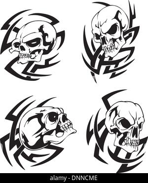 Totenkopf Tattoos. Satz von schwarzen und weißen Vektor-Illustrationen. Stock Vektor