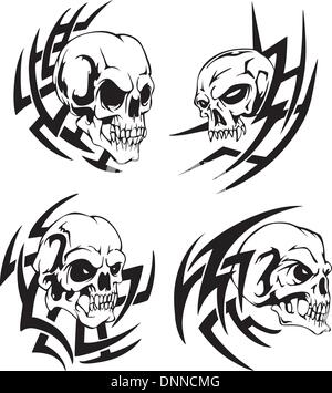 Totenkopf Tattoos. Satz von schwarzen und weißen Vektor-Illustrationen. Stock Vektor