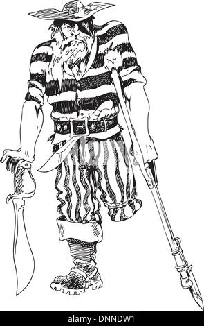 Alten einbeinigen Piraten. Schwarz / Weiß-Vektor-Illustration. Stock Vektor