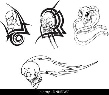 Totenkopf Tattoos. Satz von schwarzen und weißen Vektor-Illustrationen. Stock Vektor
