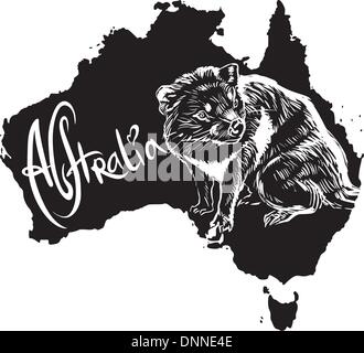 Tasmanischer Teufel (Sarcophilus Harrisii) auf Karte von Australien. Schwarz / Weiß-Vektor-Illustration. Stock Vektor