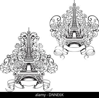 Stilisierte Eiffelturm. Satz von schwarzen und weißen Vektor-Illustrationen. Stock Vektor