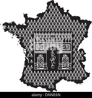Kontur von Frankreich mit Arc de Triomphe. Schwarz / Weiß-Vektor-Illustration. Stock Vektor