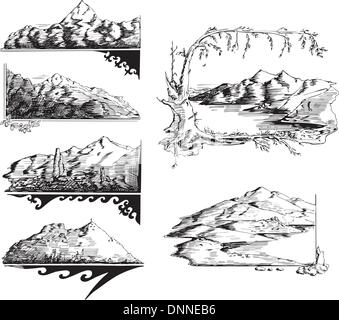 Berg-Skizzen. Satz von schwarzen und weißen Vektor-Illustrationen. Stock Vektor