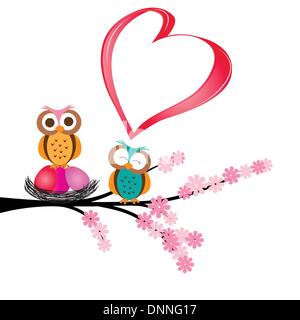 Nette und bunte Karte mit Eulen und Herz Stock Vektor