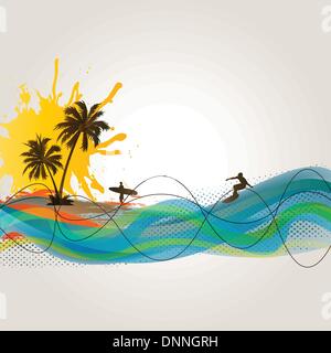 Palmen, Strand und Surfer auf exotischen Hintergrund Stock Vektor