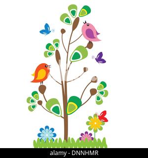 Niedlichen Kinder Cartoon mit Baum und Vögel Stock Vektor