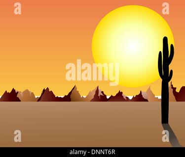 Wüste und Felsen unter Sonnenuntergang Hintergrund. Vektor-Illustration. Stock Vektor