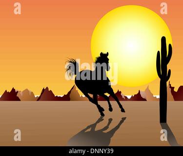 Pferd-Silhouette auf Sonnenuntergang Hintergrund. Vektor-Illustration. Stock Vektor