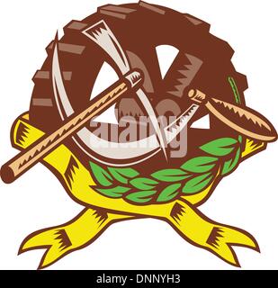 Abbildung von einem Pick Ax mit Sichel Zahnrad Zahnrad im Olivenblatt Band im Hintergrund. Stock Vektor