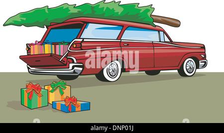 Illustration des rotes Auto Kombi mit Kiefer Weihnachtsbaum und Geschenke Rückansicht isoliert auf weißem Hintergrund in getan Stock Vektor