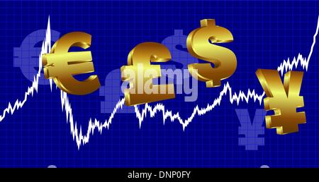 Börse-Diagramm mit Währungssymbole auf blauem Hintergrund Stock Vektor