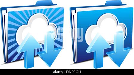 Upload- und download-Ordner-Symbole aus der virtuellen cloud Stock Vektor