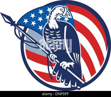 Beispiel für ein wilder Truthahn hocken auf amerikanische Sternenbanner Flagge im inneren Kreis im retro-Stil auf isolierten weißen Hintergrund getan. Stock Vektor
