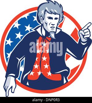 Illustration von Uncle Sam mit einem Finger auf Sie hat im Kreis mit Sternen und Streifen amerikanische Flagge, die von vorne betrachtet. Stock Vektor