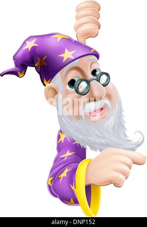 Ein Beispiel für ein niedlich freundlichen alten Assistenten Charakter hinter ein Zeichen oder ein Banner mit einem Finger auf Sie Stock Vektor