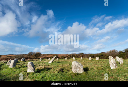 Die Seilfahrt-UN-Kreis einen Stein aus der Bronzezeit in der Nähe von St Buryan in Cornwall Stockfoto