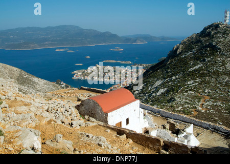 Griechenland, Kastellorizo, Blick Vom Paleokastro (sterben Alte Burg) Über Eine Kapellen Auf Megisti Stockfoto