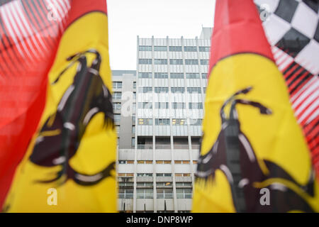 Grenoble, Frankreich. 3. Januar 2014. Fans halten Ferrari Fahnen vor dem "Centre Hospitalier Universitaire" (CHU) Krankenhaus in Grenoble, in der Nähe von den französischen Alpen, Frankreich, 3. Januar 2014. Schumacher ist immer noch in einem kritischen Zustand, nachdem er Notoperation unterzog sich nach seiner Zulassung im Koma mit einem Schädel Trauma nach einem Skiunfall in Meribel, laut Krankenhaus in Grenoble. Foto: DAVID EBENER/Dpa/Alamy Live News Stockfoto