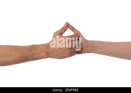 Zwei Hände halten einander über weißen isoliert Stockfoto