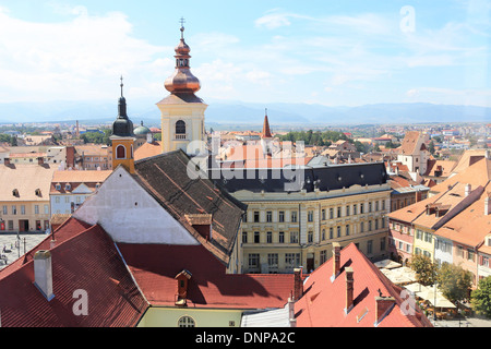 Die Aussicht von der charmanten, mittelalterlichen Zentrum von Sibiu, vom Turm aus Rat, in Siebenbürgen, Rumänien, Osteuropa Stockfoto